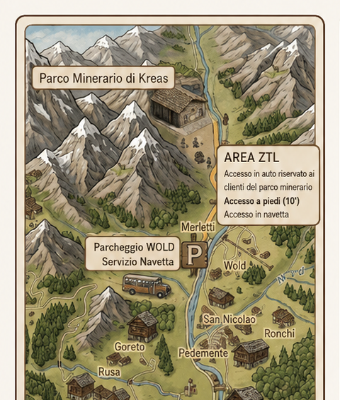 Mappa di accesso al Parco Minerario di Kreas con Parcheggio WOLD e Area ZTL